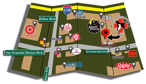 Map of Mission Veterinary Clinic's location in Granada Hills, CA

